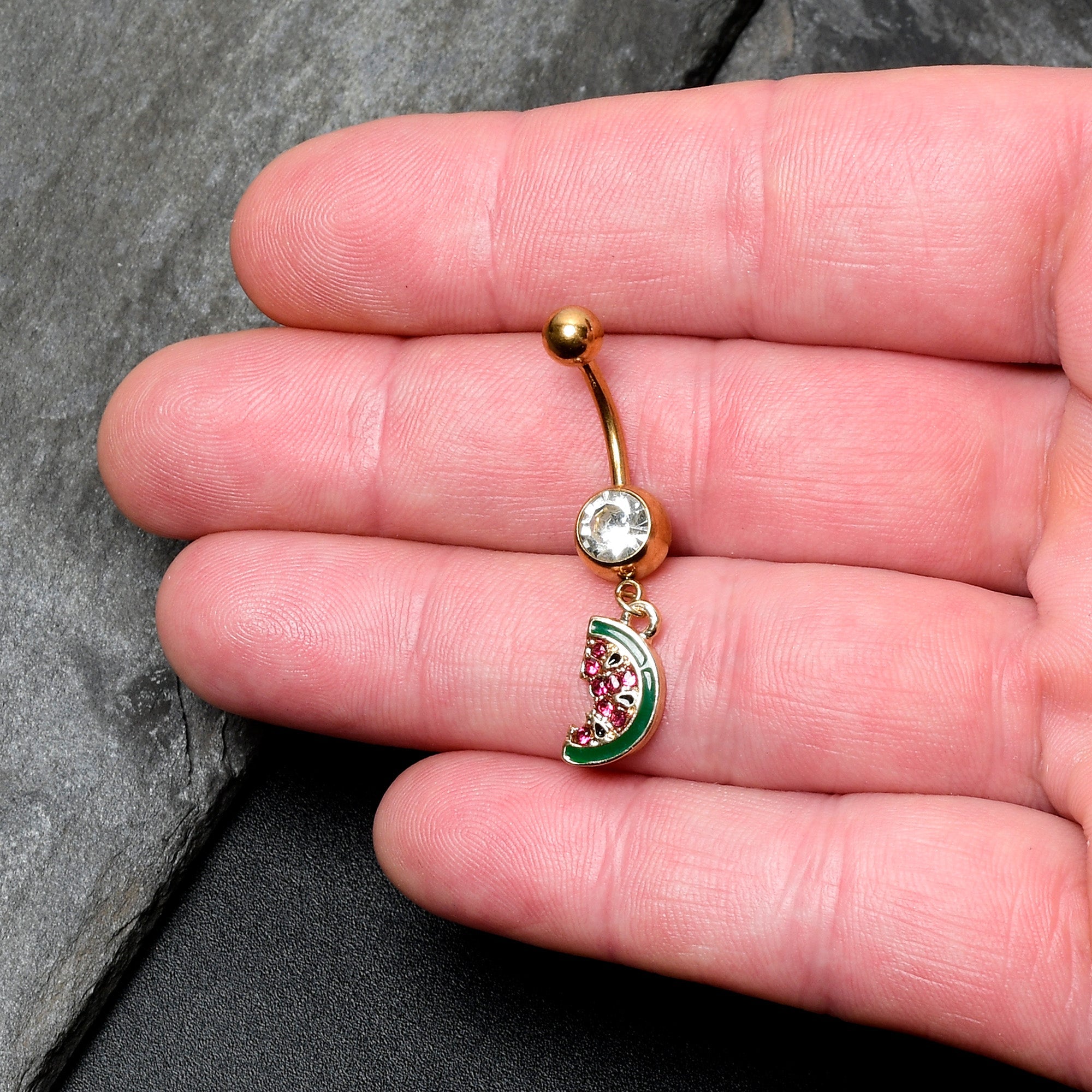 BodyCandy Clear Gem Gold Tone Watermelon Bite Dangle Belly Ring — detail close-up