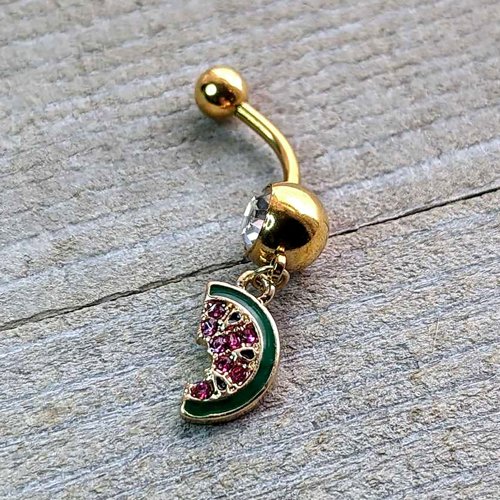 BodyCandy Clear Gem Gold Tone Watermelon Bite Dangle Belly Ring — lifestyle context