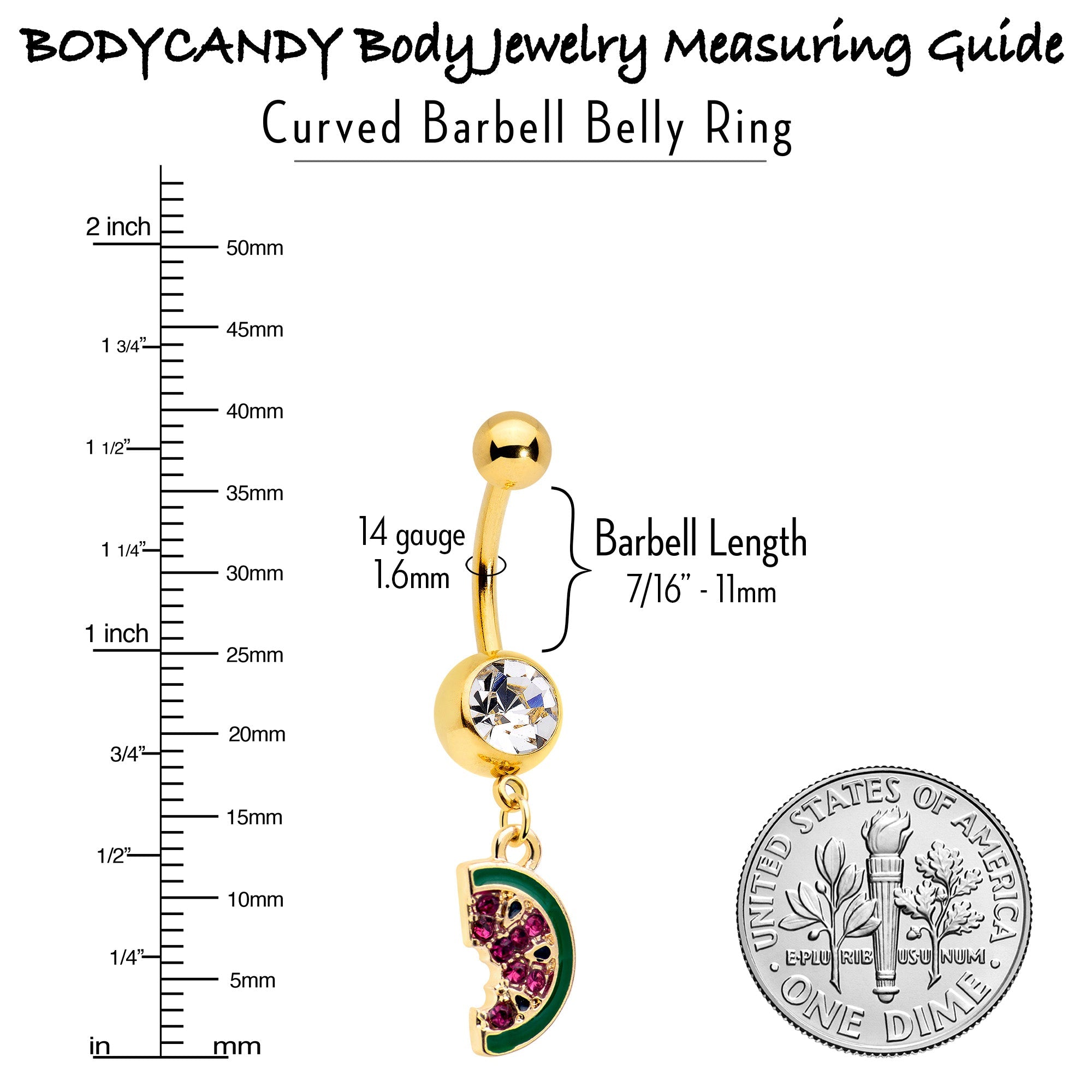 BodyCandy Clear Gem Gold Tone Watermelon Bite Dangle Belly Ring — back view