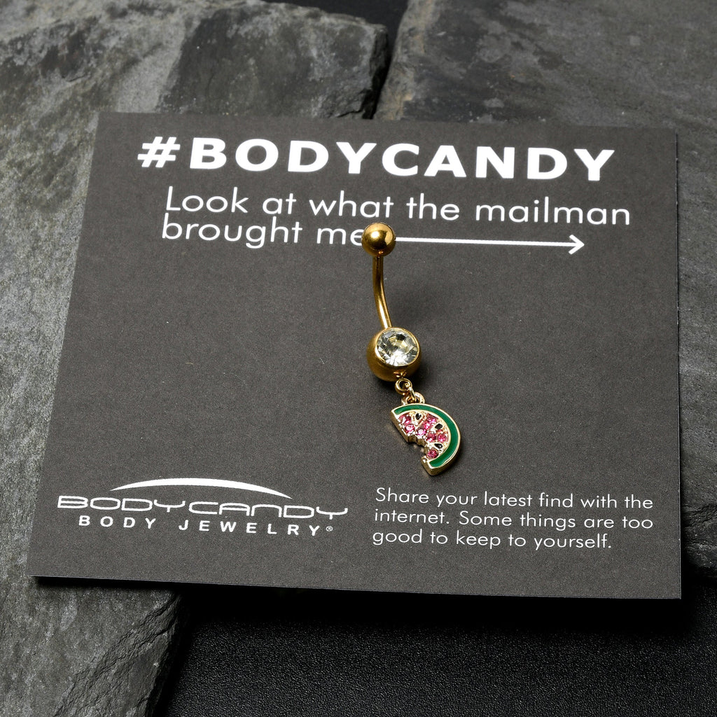 BodyCandy Clear Gem Gold Tone Watermelon Bite Dangle Belly Ring — in-use photo