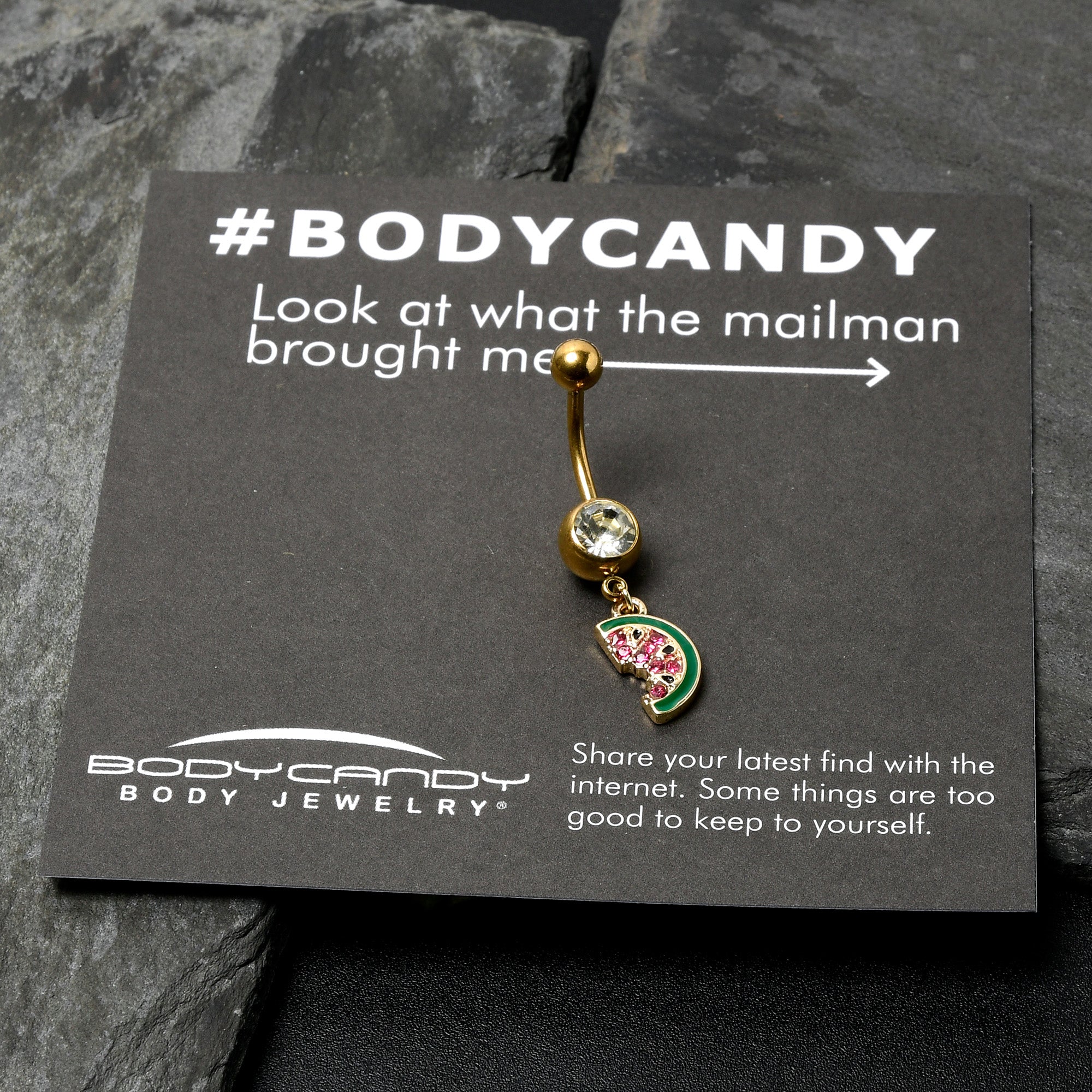 BodyCandy Clear Gem Gold Tone Watermelon Bite Dangle Belly Ring — in-use photo