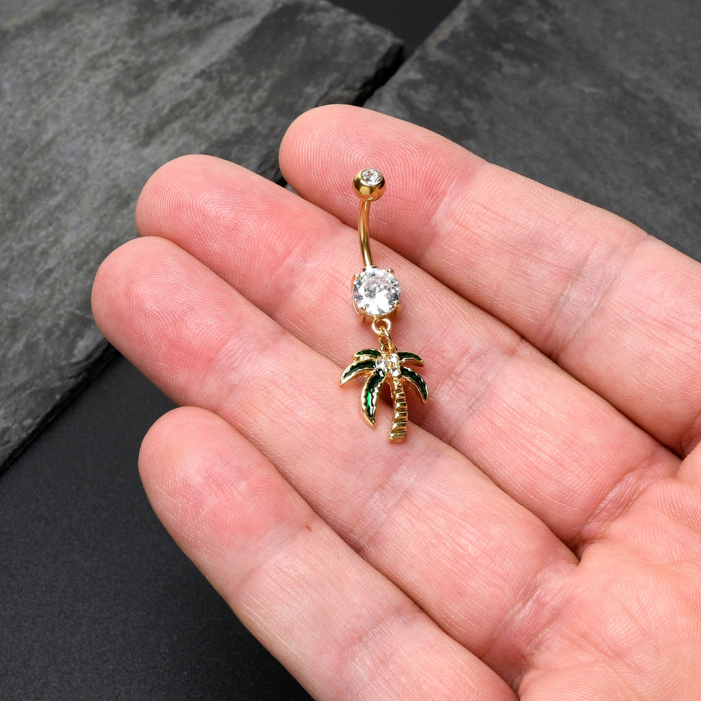 BodyCandy Clear Gem Gold Tone Palm Tree Style Dangle Belly Ring — detail close-up