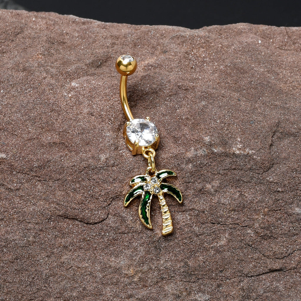 BodyCandy Clear Gem Gold Tone Palm Tree Style Dangle Belly Ring — side view
