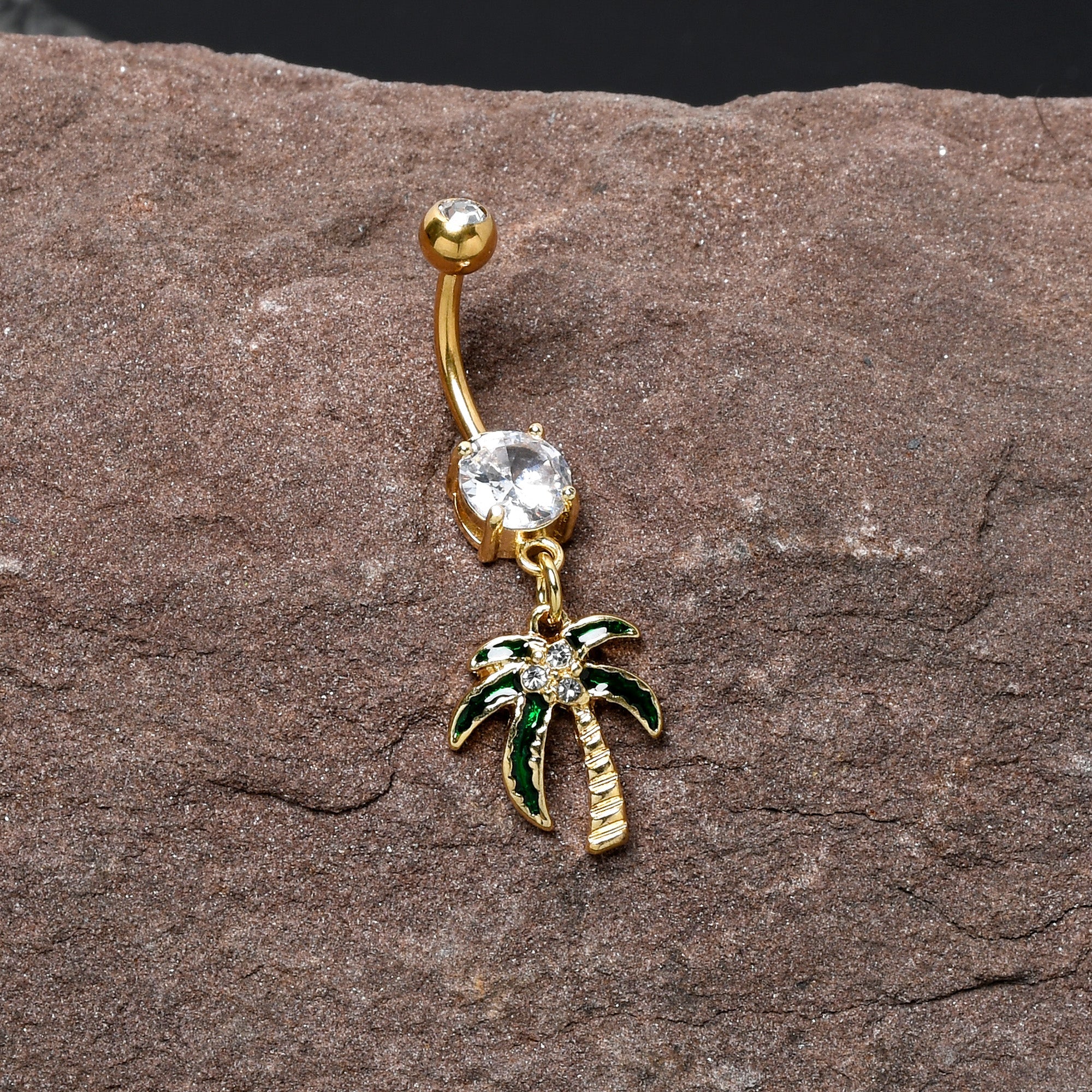 BodyCandy Clear Gem Gold Tone Palm Tree Style Dangle Belly Ring — side view