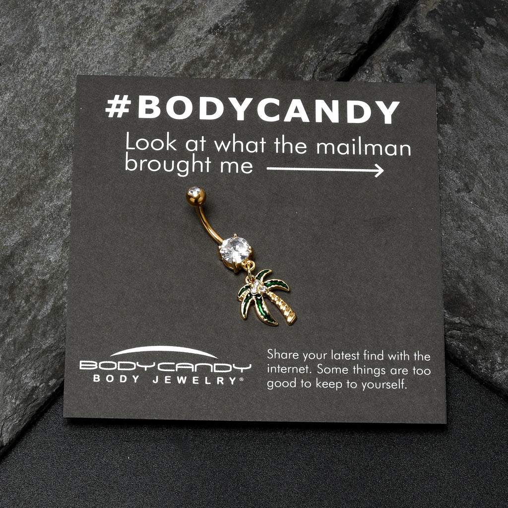 BodyCandy Clear Gem Gold Tone Palm Tree Style Dangle Belly Ring — in-use photo