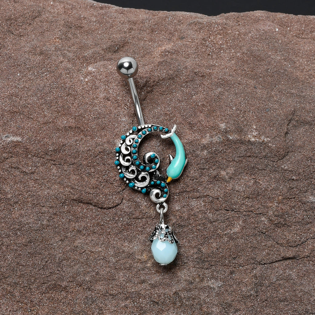 BodyCandy Leaping Blue Dolphin Bauble Dangle Belly Ring — detail close-up