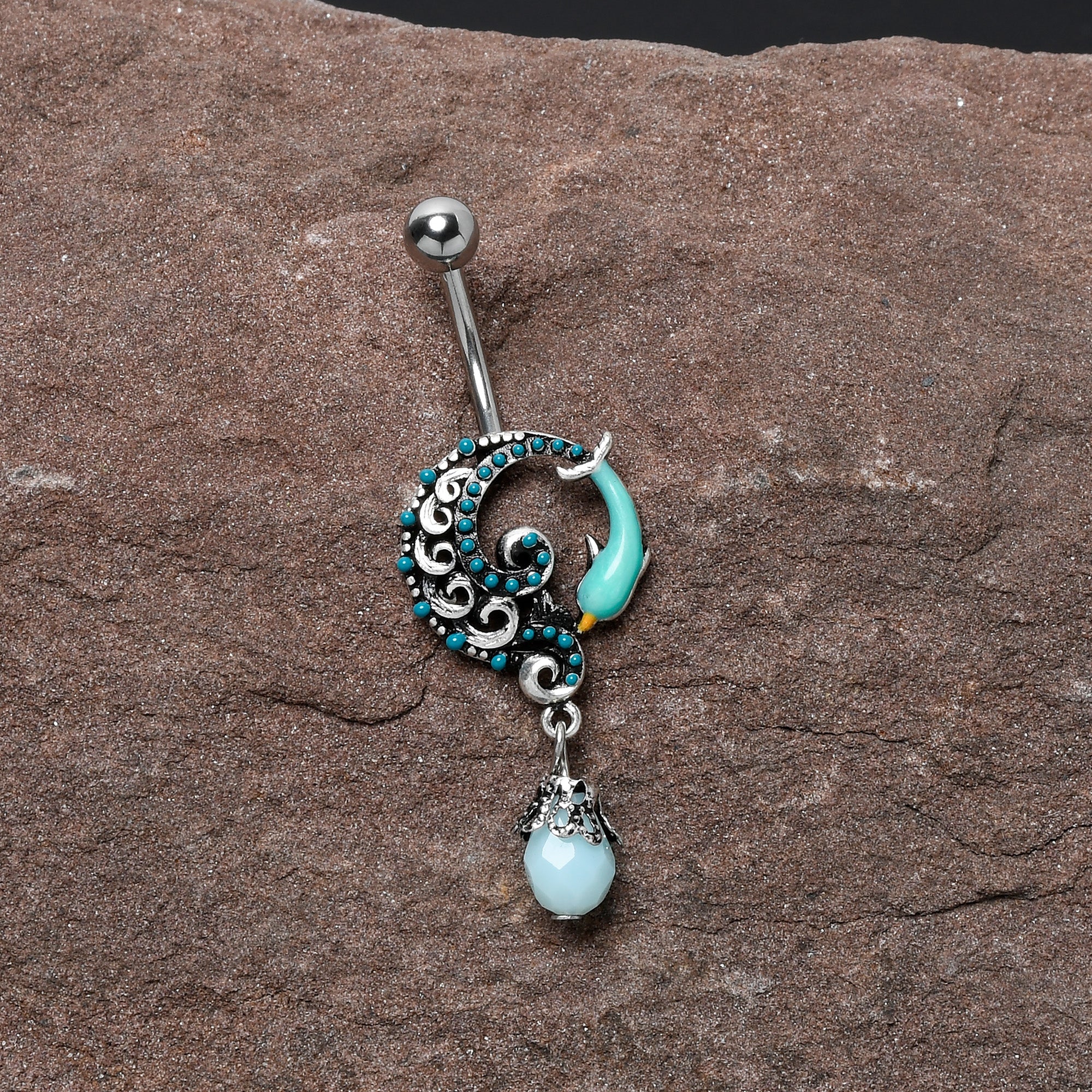 BodyCandy Leaping Blue Dolphin Bauble Dangle Belly Ring — detail close-up