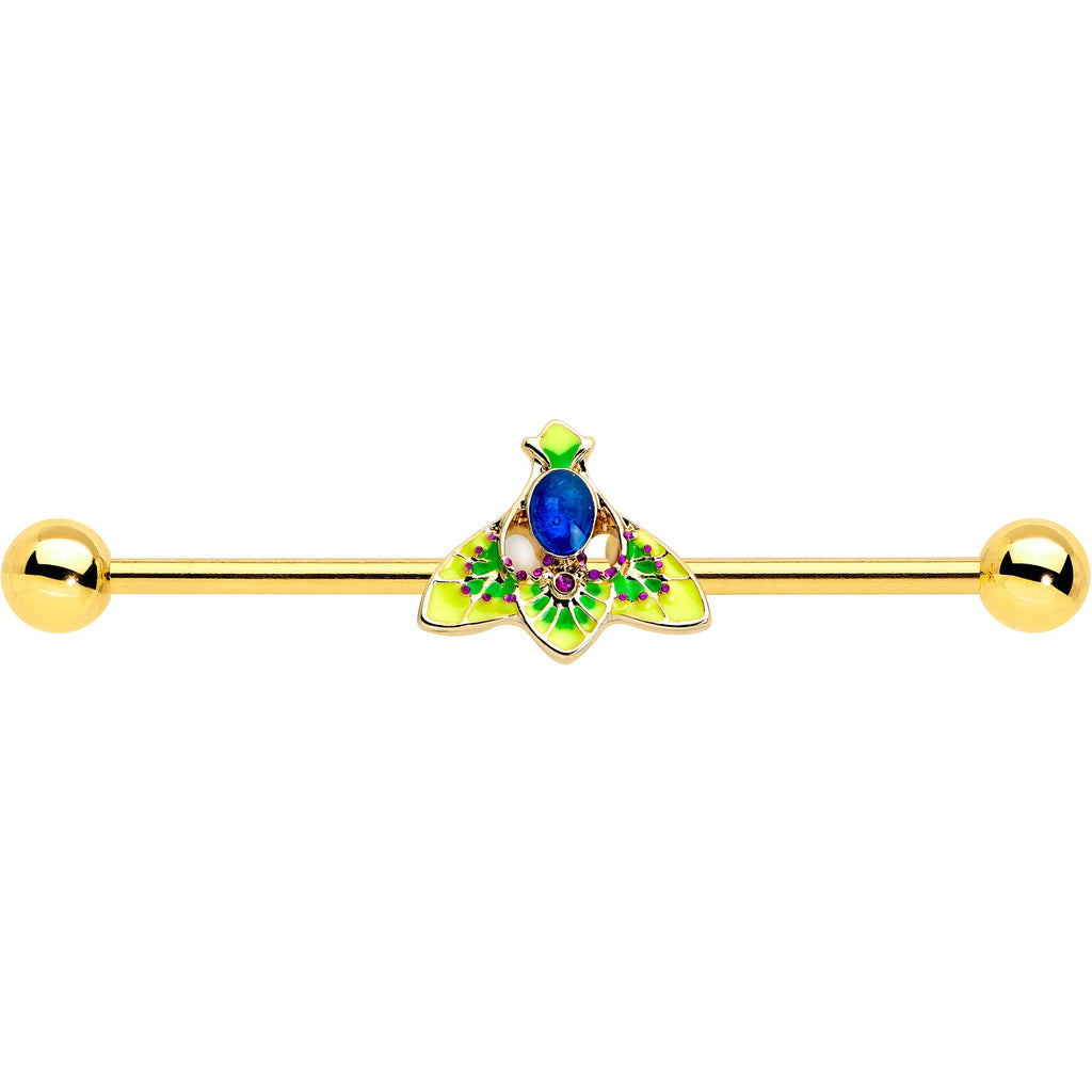 BodyCandy 14G Blue Purple Gem Gold Tone Tropic Fan Industrial Barbell 38mm — detail close-up
