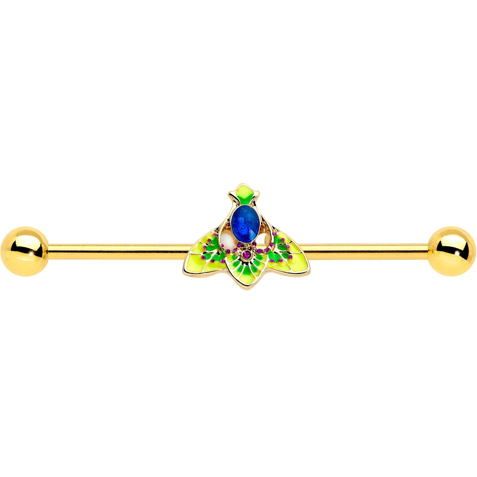 BodyCandy 14G Blue Purple Gem Gold Tone Tropic Fan Industrial Barbell 38mm — detail close-up