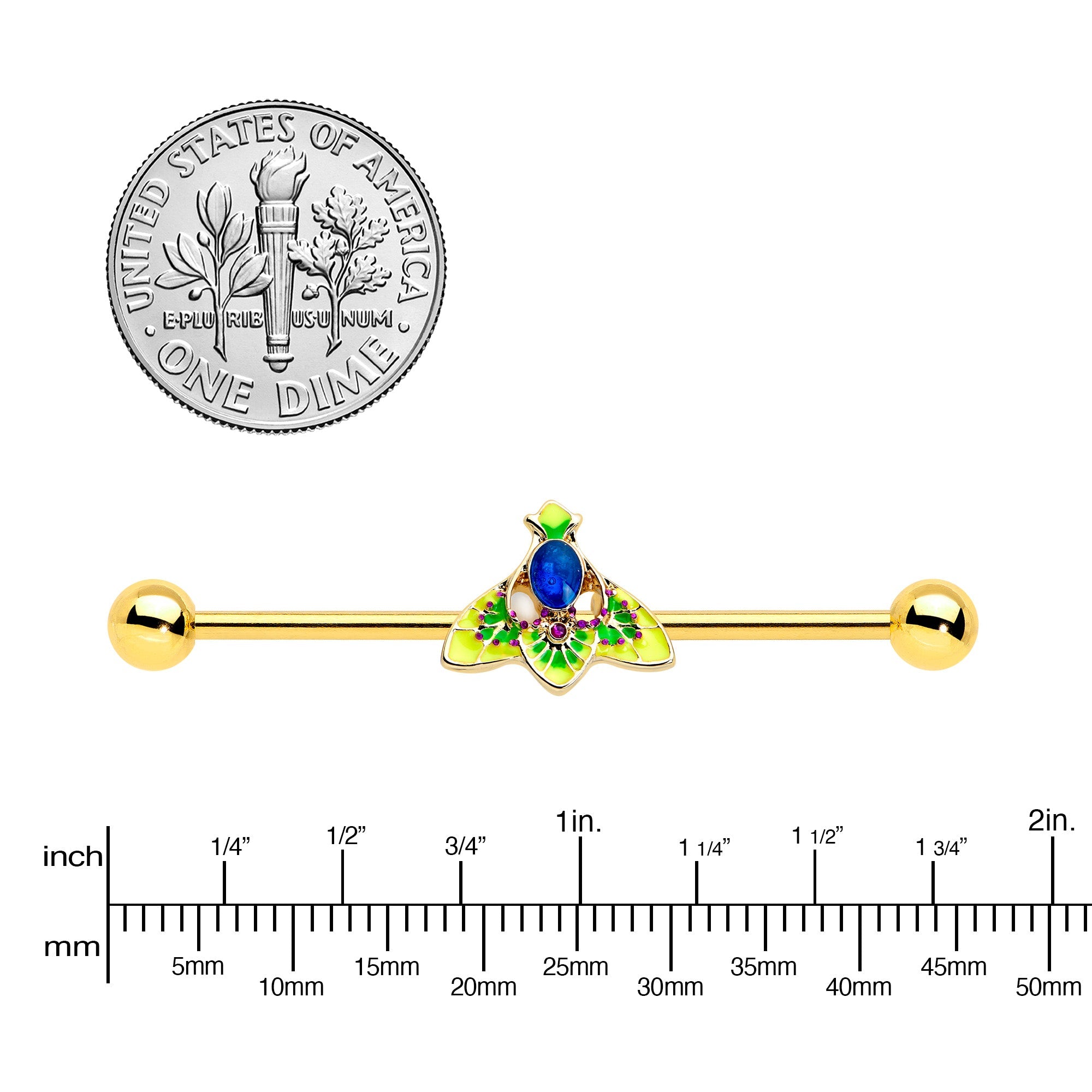 BodyCandy 14G Blue Purple Gem Gold Tone Tropic Fan Industrial Barbell 38mm — lifestyle context