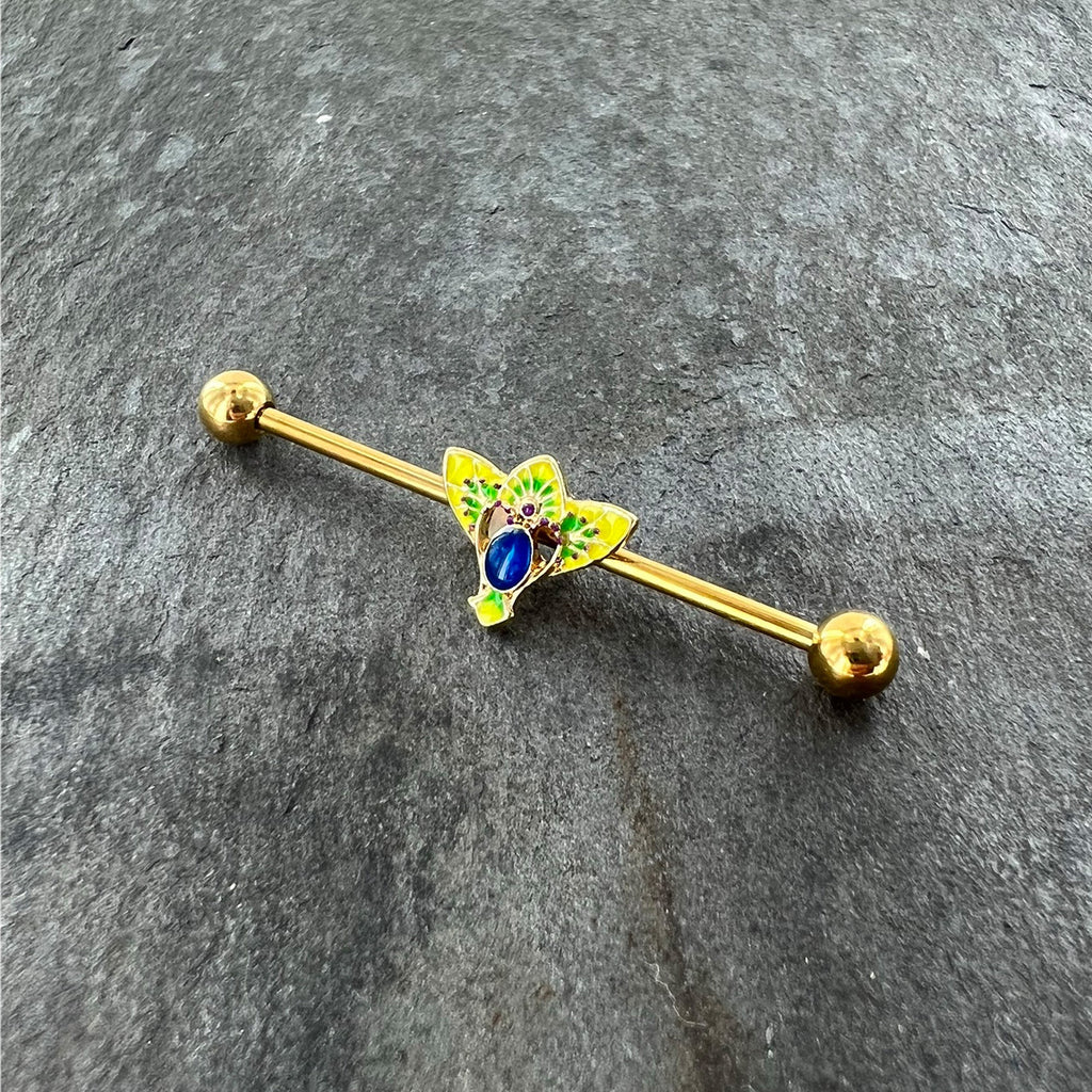 BodyCandy 14G Blue Purple Gem Gold Tone Tropic Fan Industrial Barbell 38mm — side view