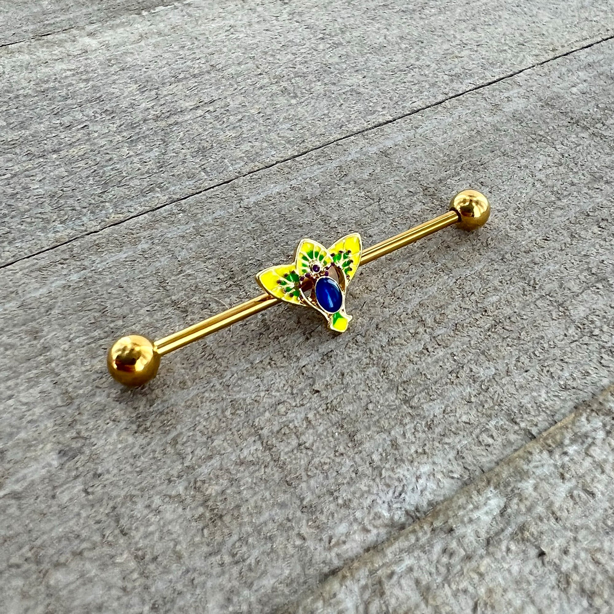 BodyCandy 14G Blue Purple Gem Gold Tone Tropic Fan Industrial Barbell 38mm — back view