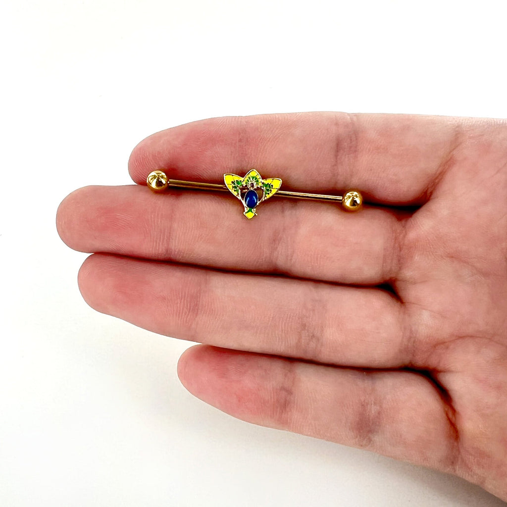 BodyCandy 14G Blue Purple Gem Gold Tone Tropic Fan Industrial Barbell 38mm — alternative angle