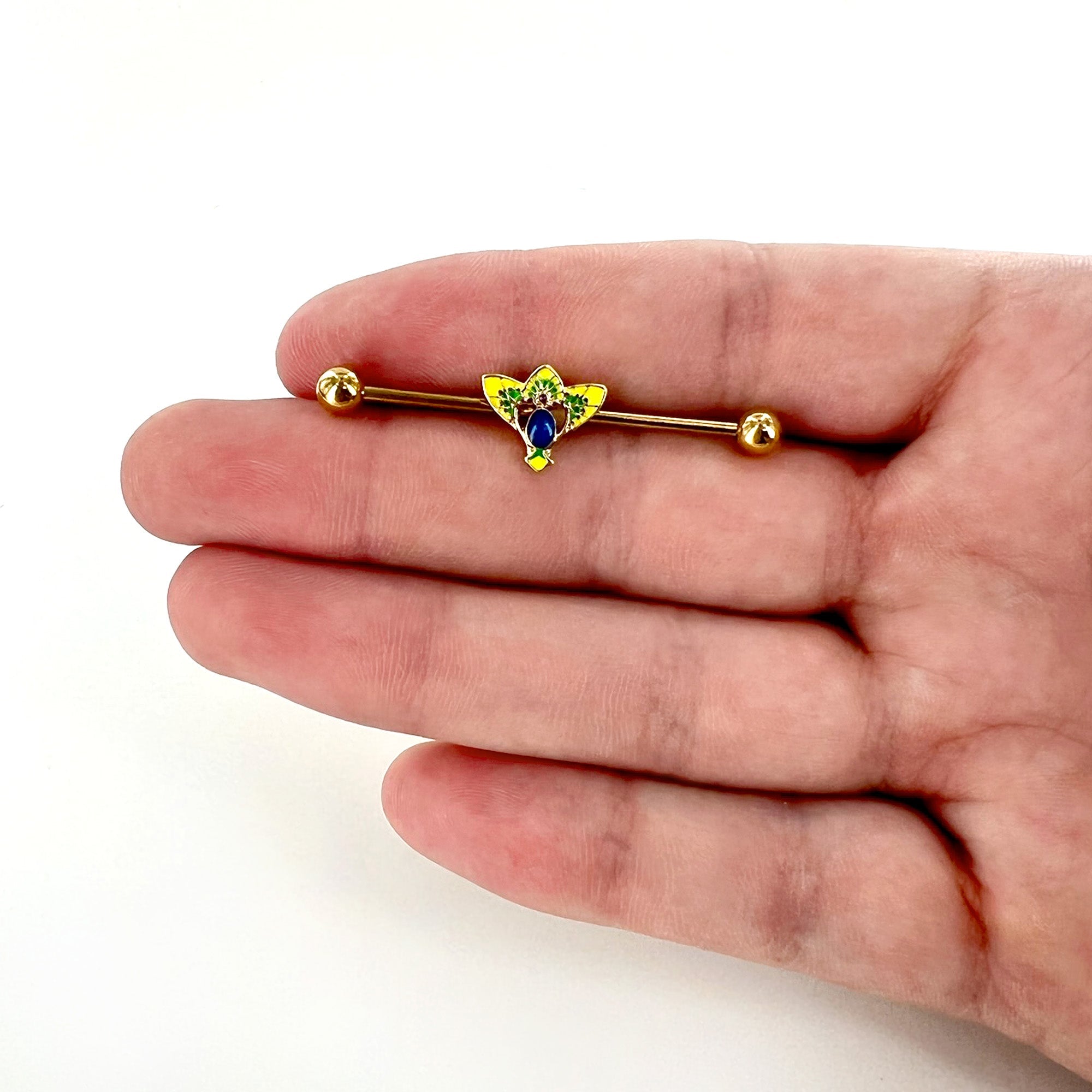 BodyCandy 14G Blue Purple Gem Gold Tone Tropic Fan Industrial Barbell 38mm — alternative angle