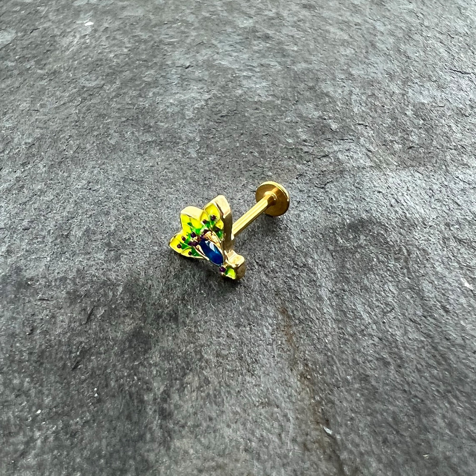 BodyCandy 16G 5/16 Blue Gem Gold Tone Tropic Fan Labret Monroe Tragus — alternative angle