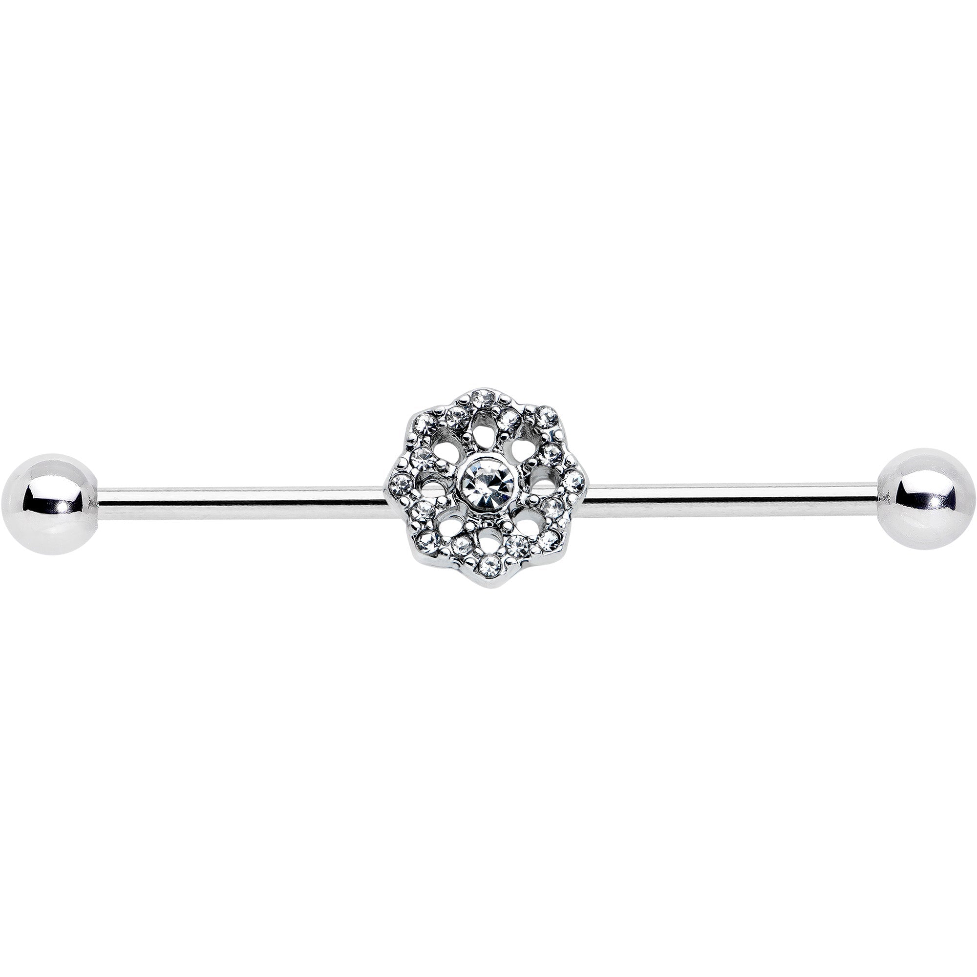 BodyCandy 14G Clear Gem Baroque Fabulous Flower Industrial Barbell 38mm — detail close-up