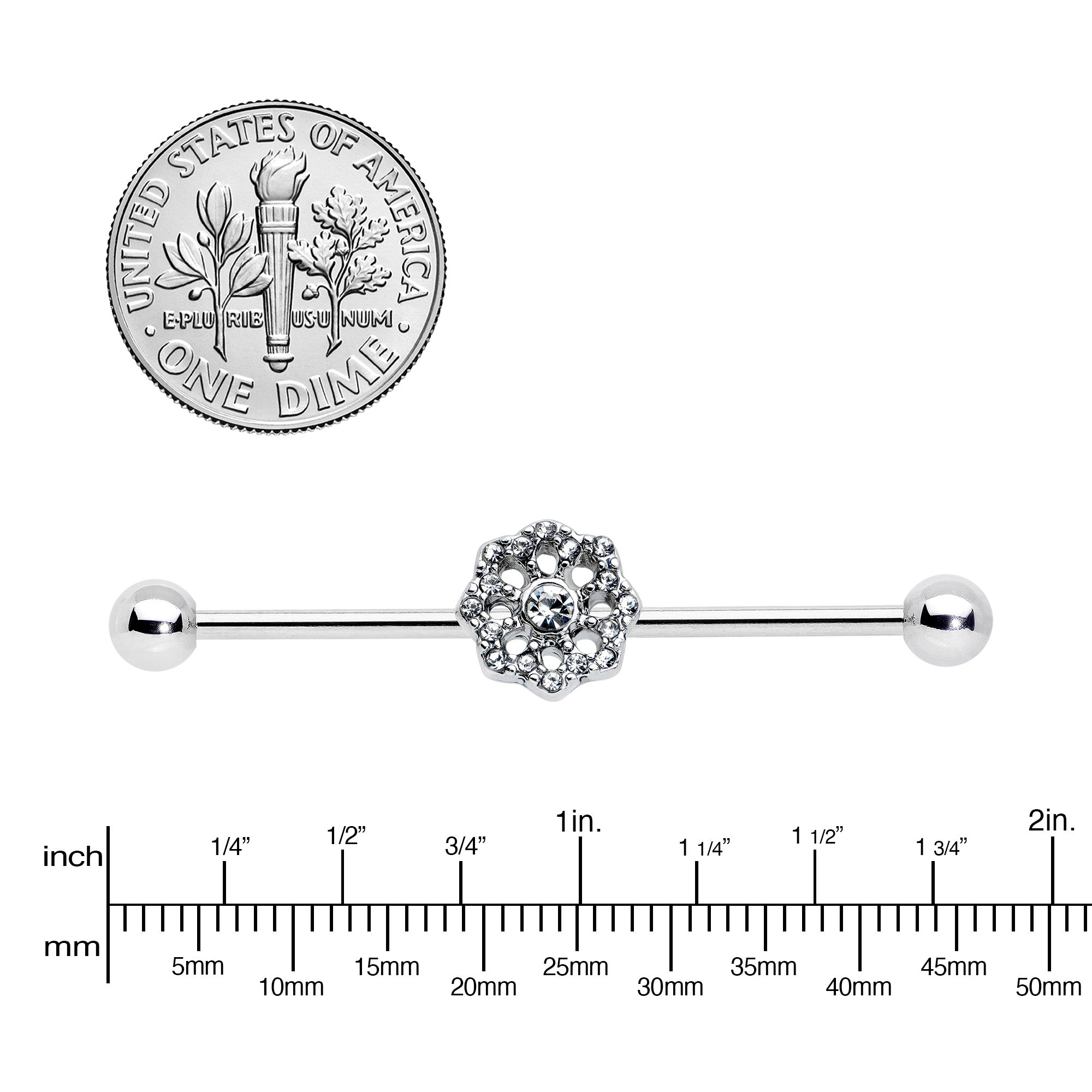 BodyCandy 14G Clear Gem Baroque Fabulous Flower Industrial Barbell 38mm — lifestyle context