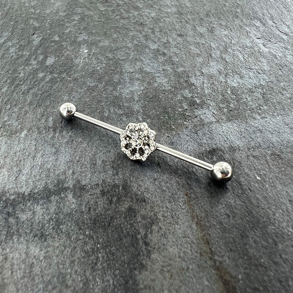 BodyCandy 14G Clear Gem Baroque Fabulous Flower Industrial Barbell 38mm — side view