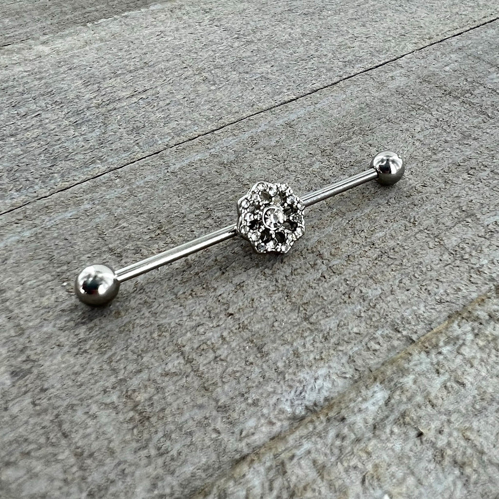 BodyCandy 14G Clear Gem Baroque Fabulous Flower Industrial Barbell 38mm — back view