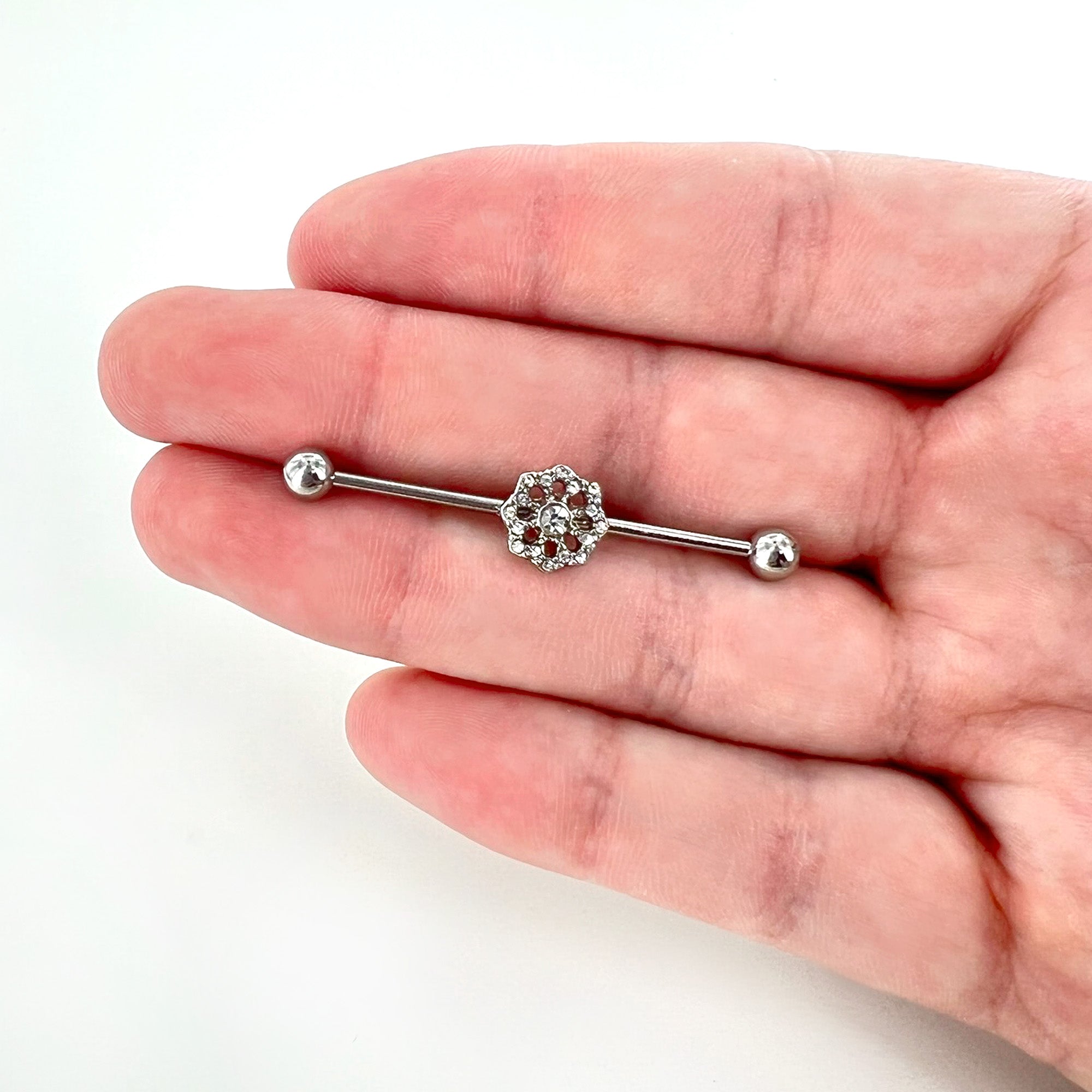 BodyCandy 14G Clear Gem Baroque Fabulous Flower Industrial Barbell 38mm — alternative angle