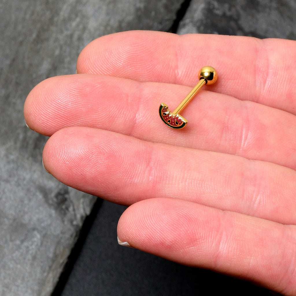 BodyCandy Gold Tone Watermelon Bite Barbell Tongue Ring — side view