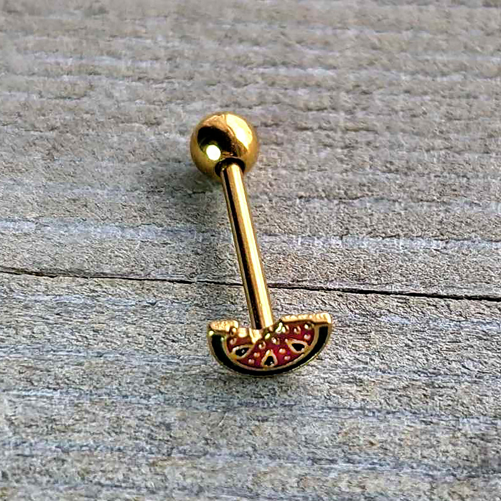 BodyCandy Gold Tone Watermelon Bite Barbell Tongue Ring — alternative angle