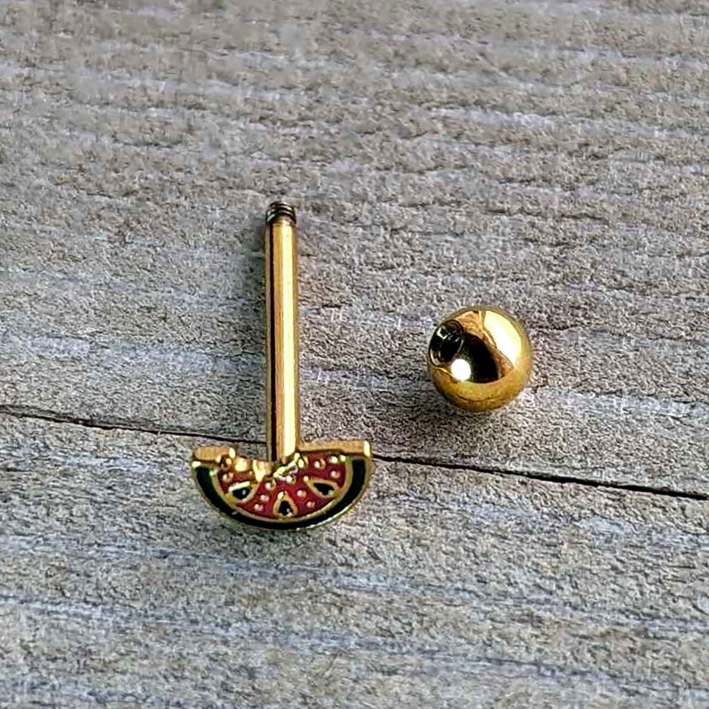 BodyCandy Gold Tone Watermelon Bite Barbell Tongue Ring — in-use photo