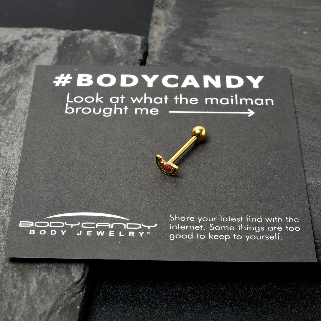 BodyCandy Gold Tone Watermelon Bite Barbell Tongue Ring — size reference