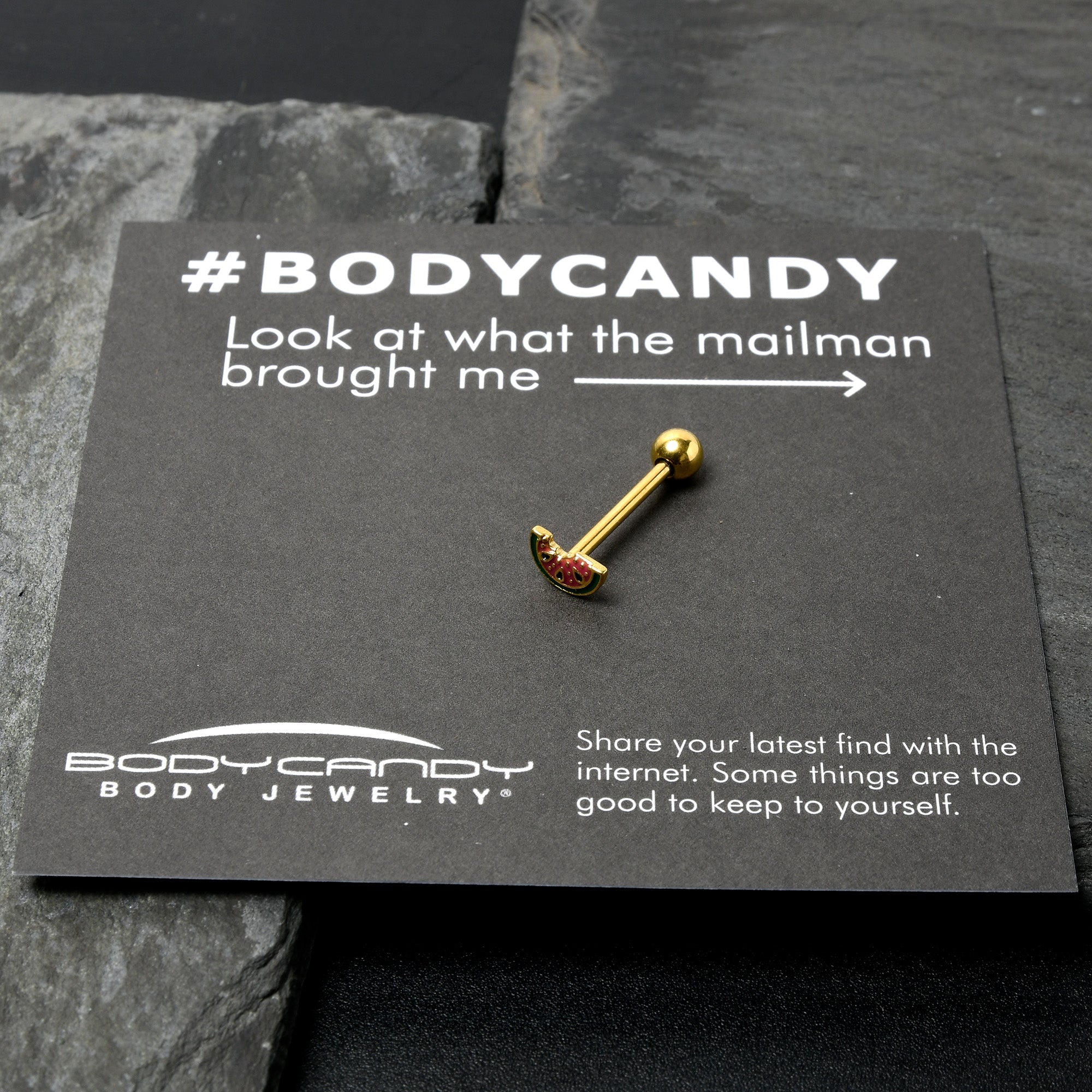 BodyCandy Gold Tone Watermelon Bite Barbell Tongue Ring — size reference