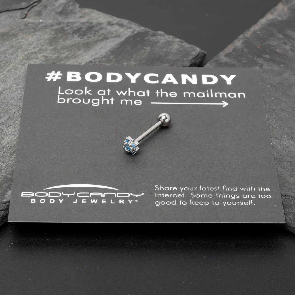 BodyCandy Blue Clear Gem Stylish Snowflake Barbell Tongue Ring — size reference
