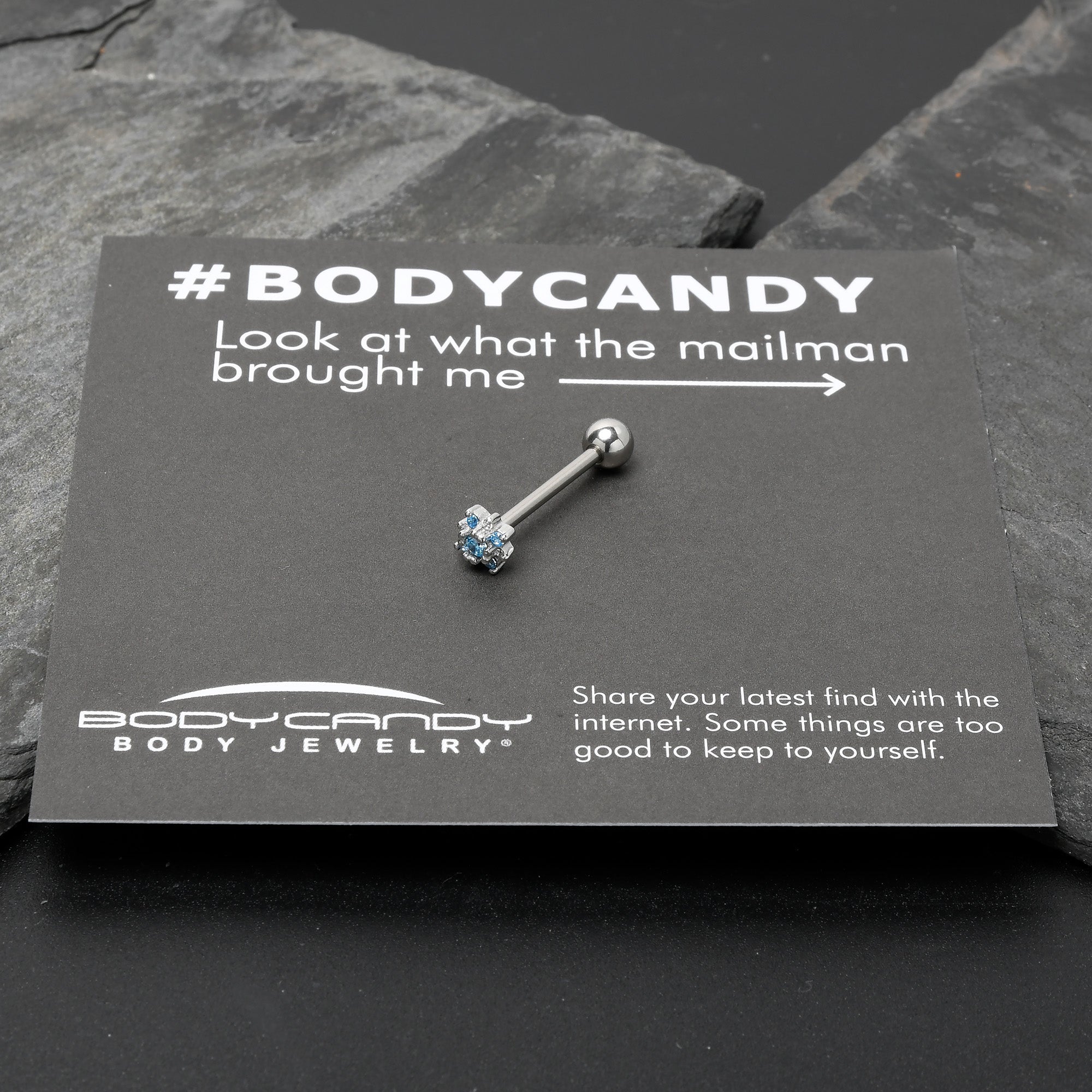 BodyCandy Blue Clear Gem Stylish Snowflake Barbell Tongue Ring — size reference