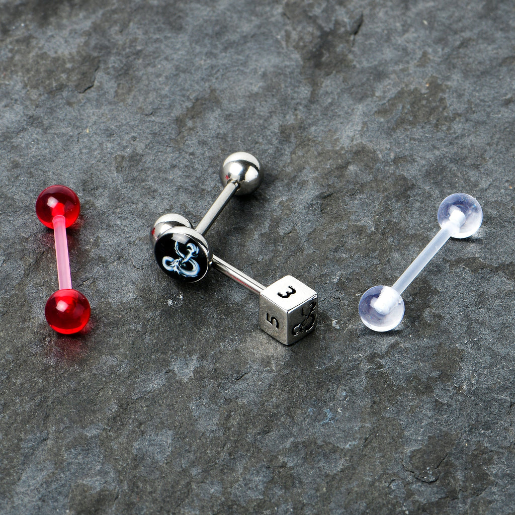 BodyCandy Licensed Dungeons & Dragons Dice Red Clear Barbell Tongue Ring Set of 4 — detail close-up