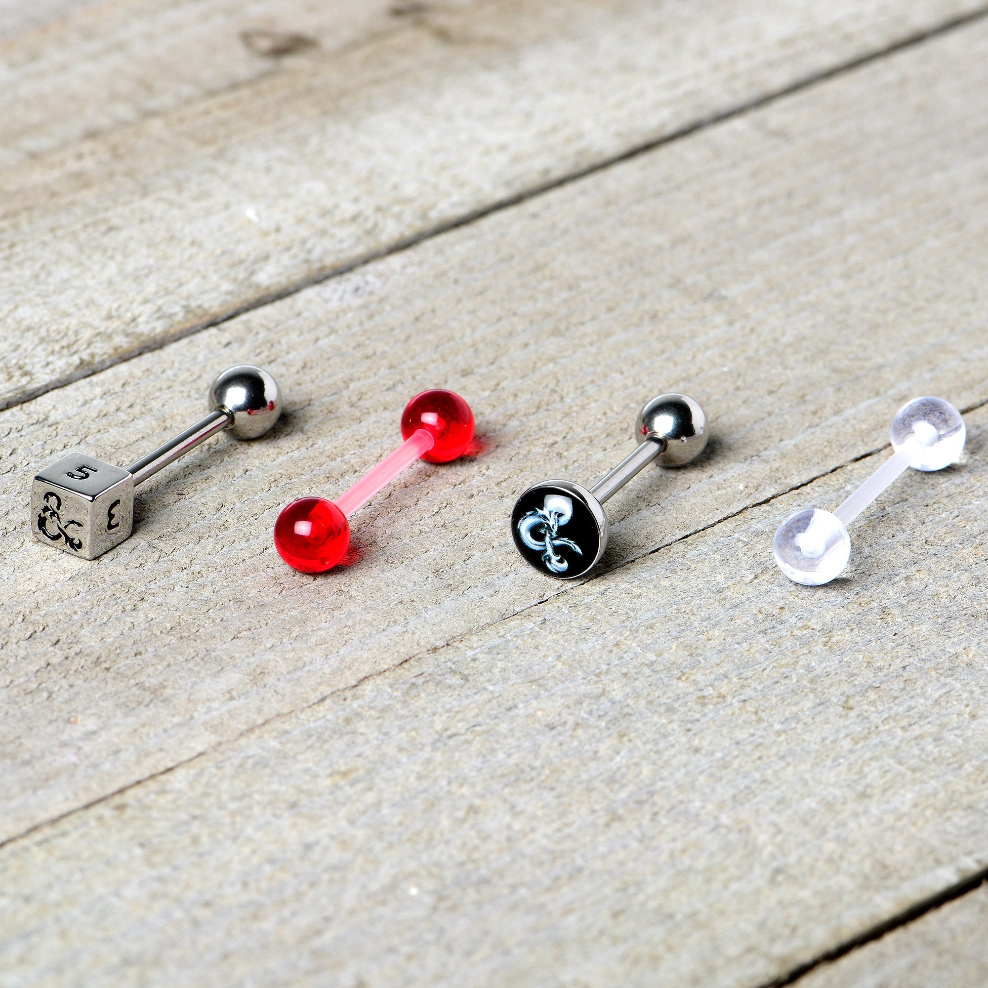 BodyCandy Licensed Dungeons & Dragons Dice Red Clear Barbell Tongue Ring Set of 4 — side view