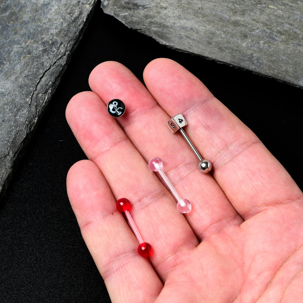 BodyCandy Licensed Dungeons & Dragons Dice Red Clear Barbell Tongue Ring Set of 4 — alternative angle