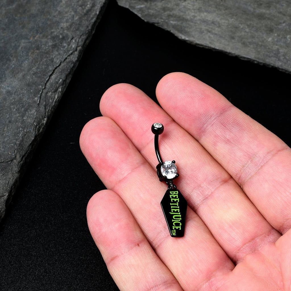 BodyCandy Clear Gem Black Officially Licensed Beetlejuice Coffin Dangle Belly Ring — detail close-up