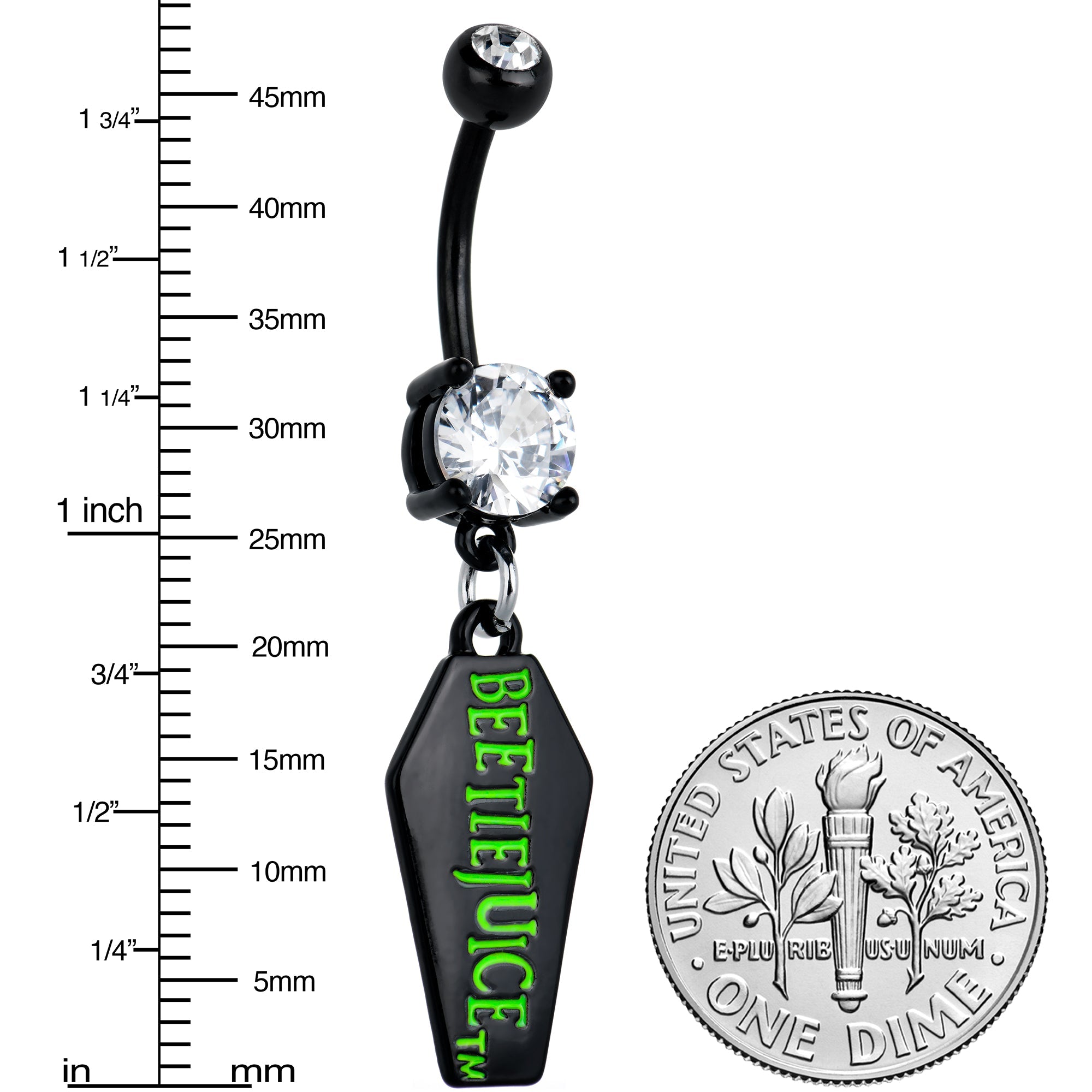 BodyCandy Clear Gem Black Officially Licensed Beetlejuice Coffin Dangle Belly Ring — lifestyle context