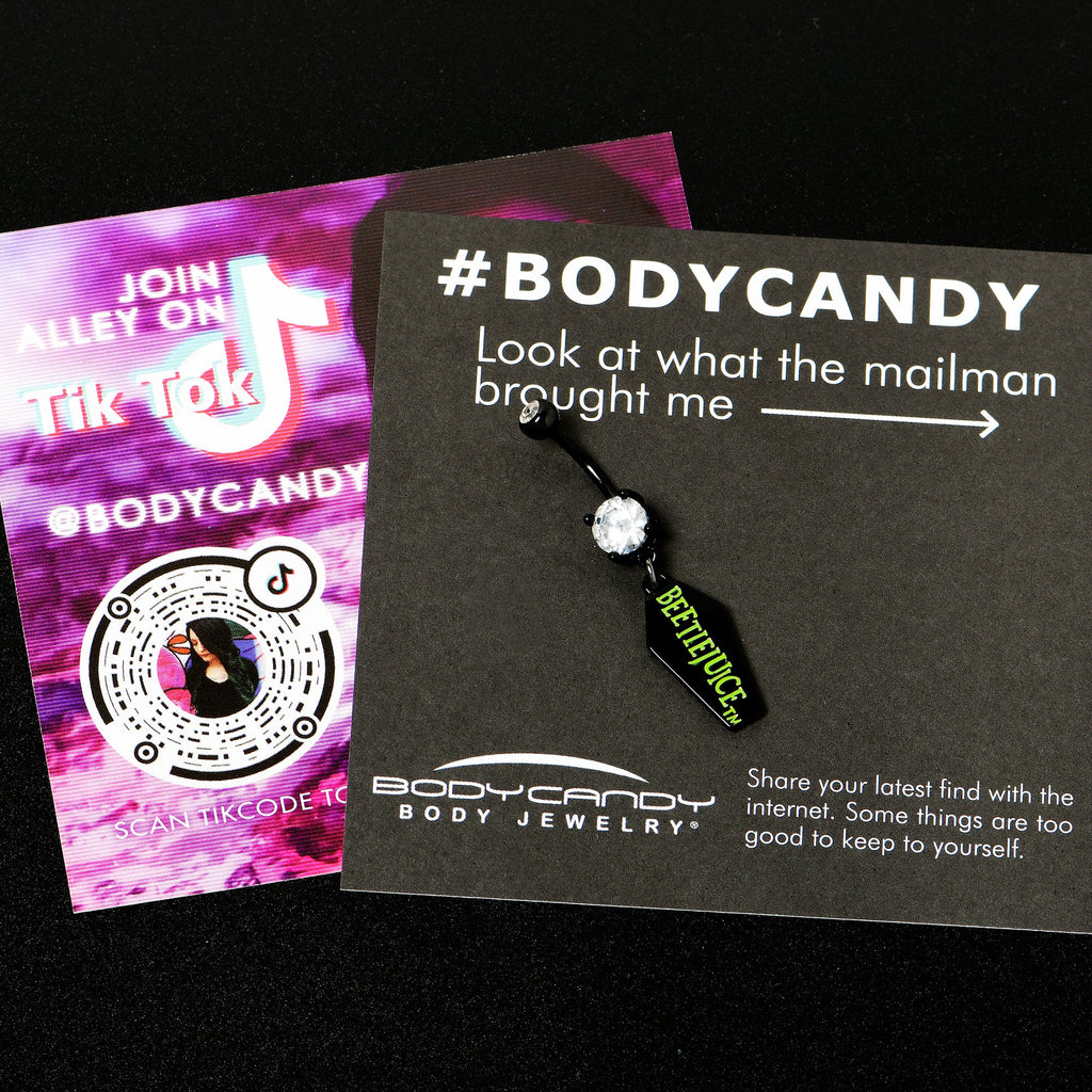 BodyCandy Clear Gem Black Officially Licensed Beetlejuice Coffin Dangle Belly Ring — side view