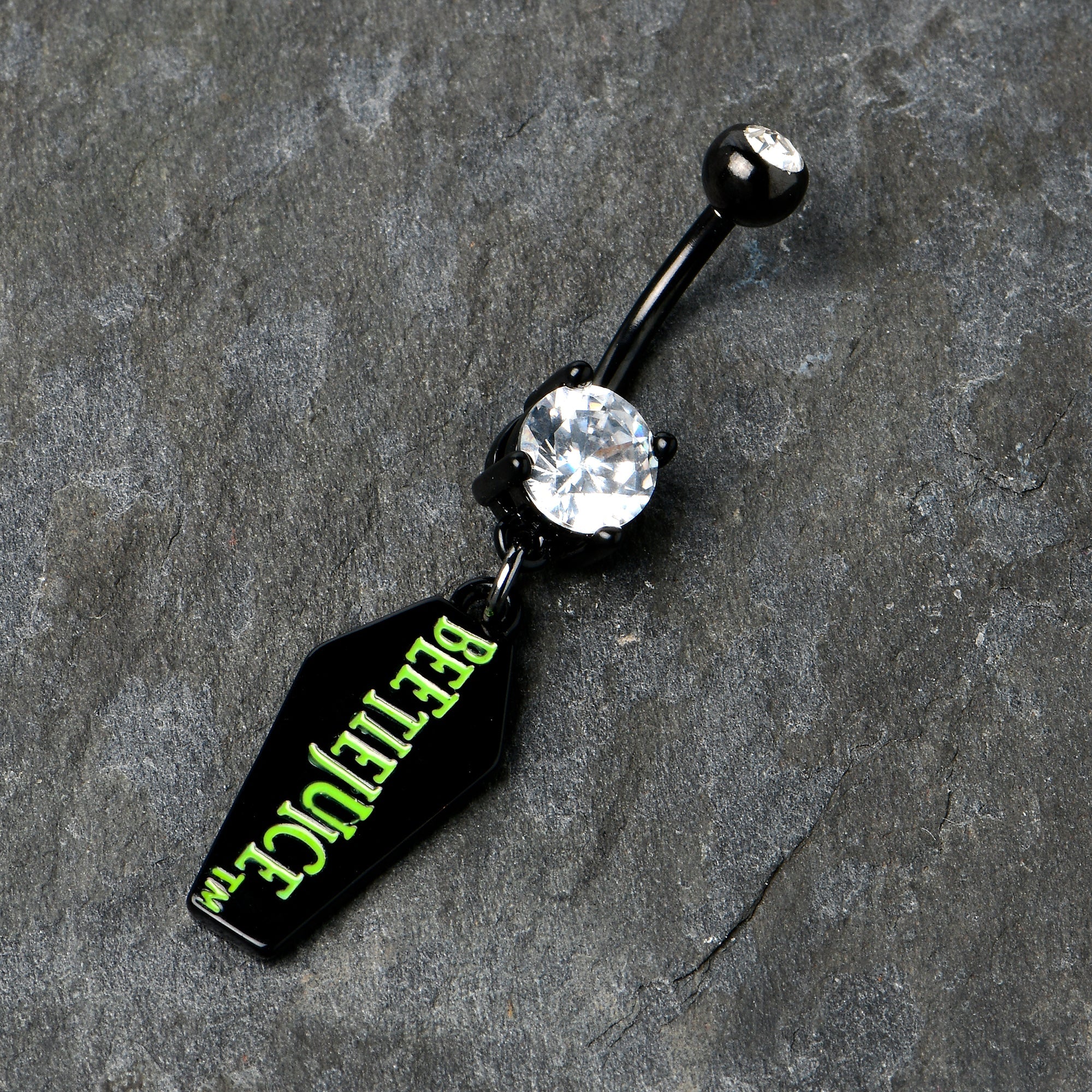 BodyCandy Clear Gem Black Officially Licensed Beetlejuice Coffin Dangle Belly Ring — alternative angle