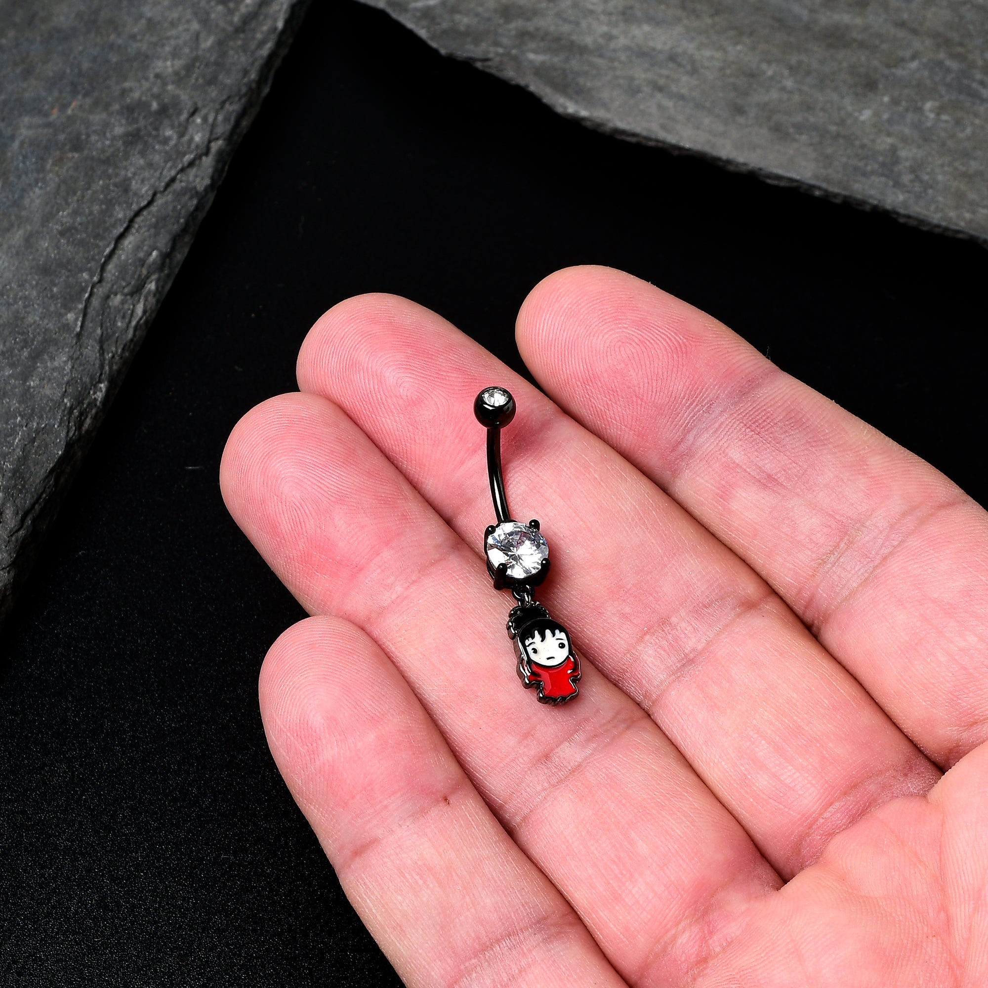 BodyCandy Clear Gem Black Officially Licensed Beetlejuice Lydia Dangle Belly Ring — detail close-up