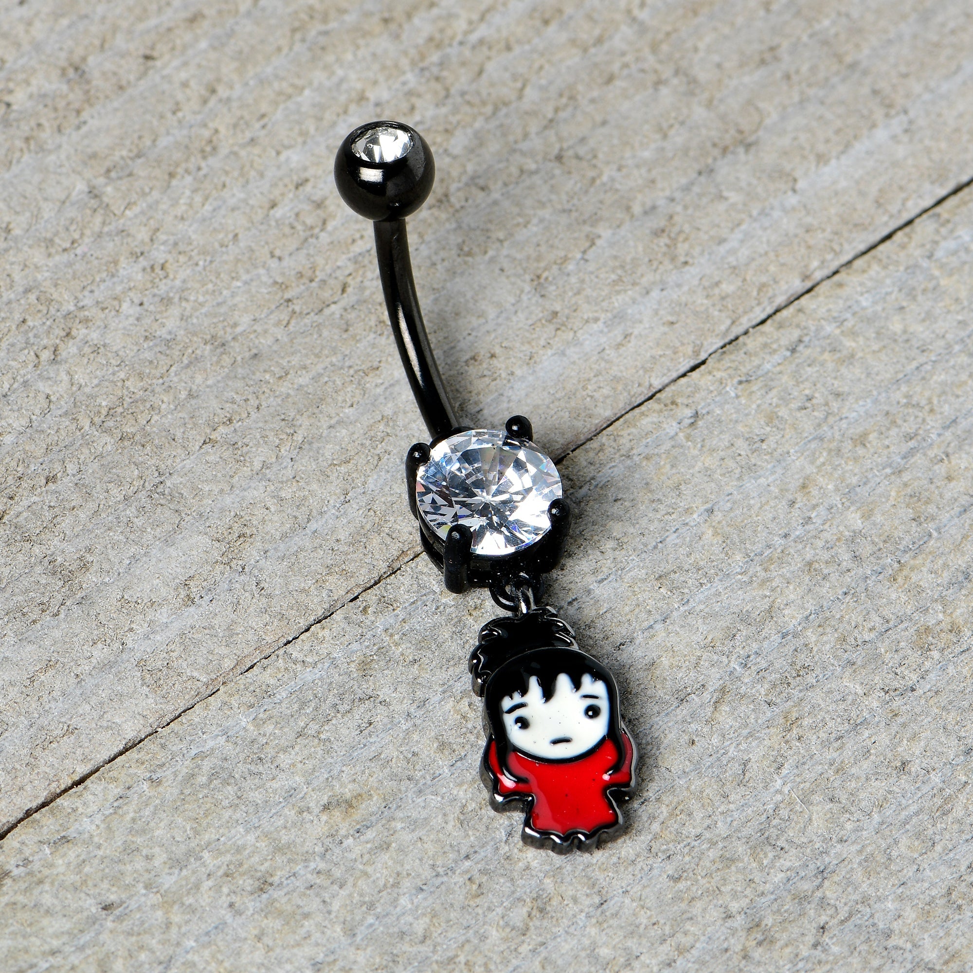 BodyCandy Clear Gem Black Officially Licensed Beetlejuice Lydia Dangle Belly Ring — back view