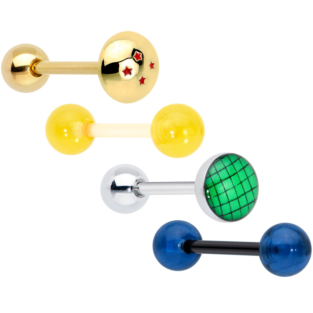 BodyCandy Licensed Dragonball Z Gold Tone Blue Green Barbell Tongue Ring Set of 4 — main product shot