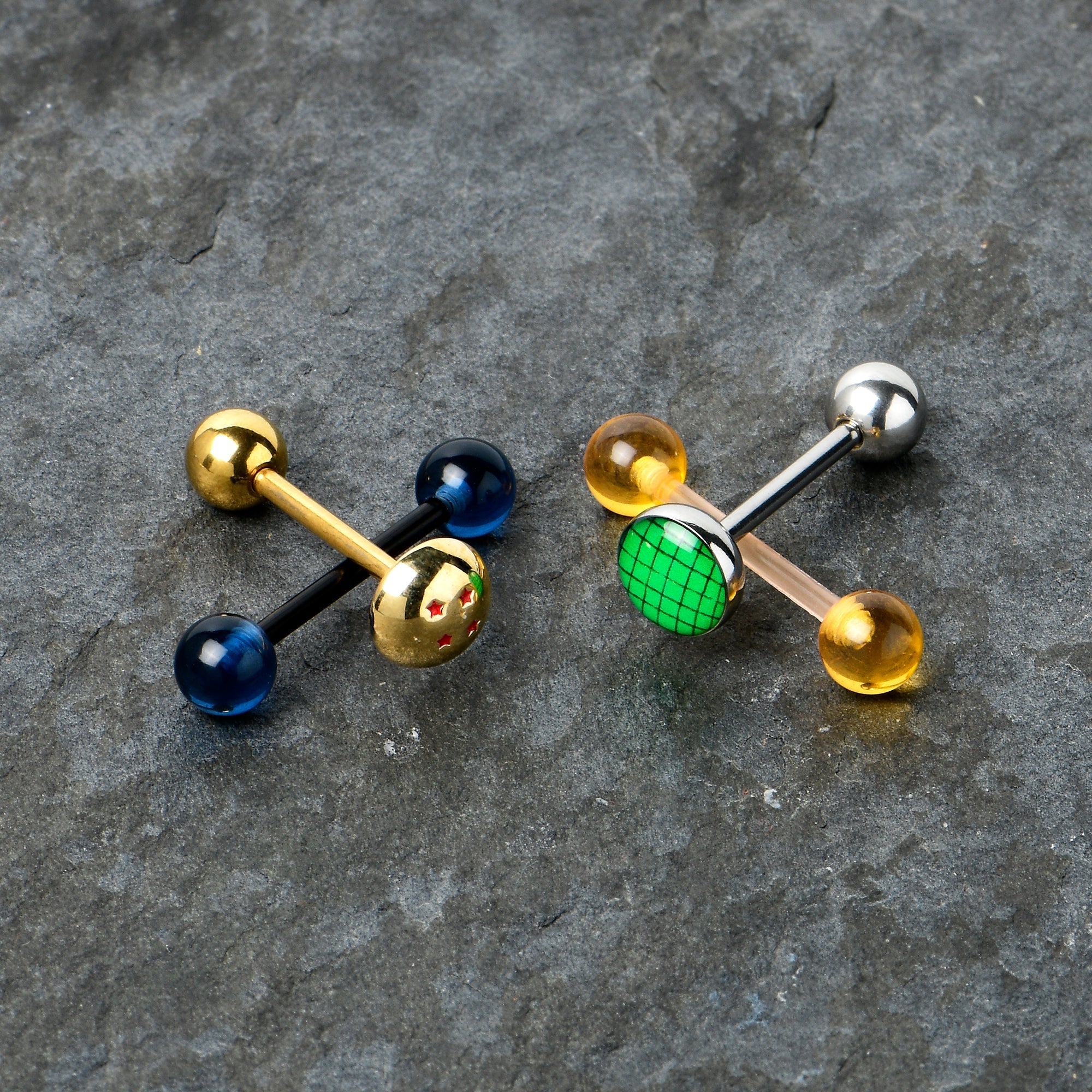 BodyCandy Licensed Dragonball Z Gold Tone Blue Green Barbell Tongue Ring Set of 4 — detail close-up