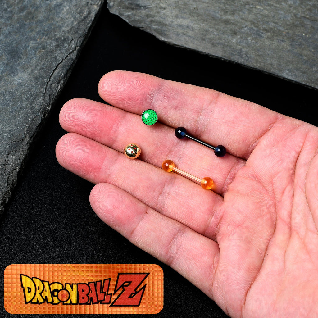BodyCandy Licensed Dragonball Z Gold Tone Blue Green Barbell Tongue Ring Set of 4 — side view