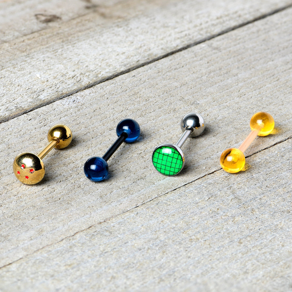 BodyCandy Licensed Dragonball Z Gold Tone Blue Green Barbell Tongue Ring Set of 4 — size reference
