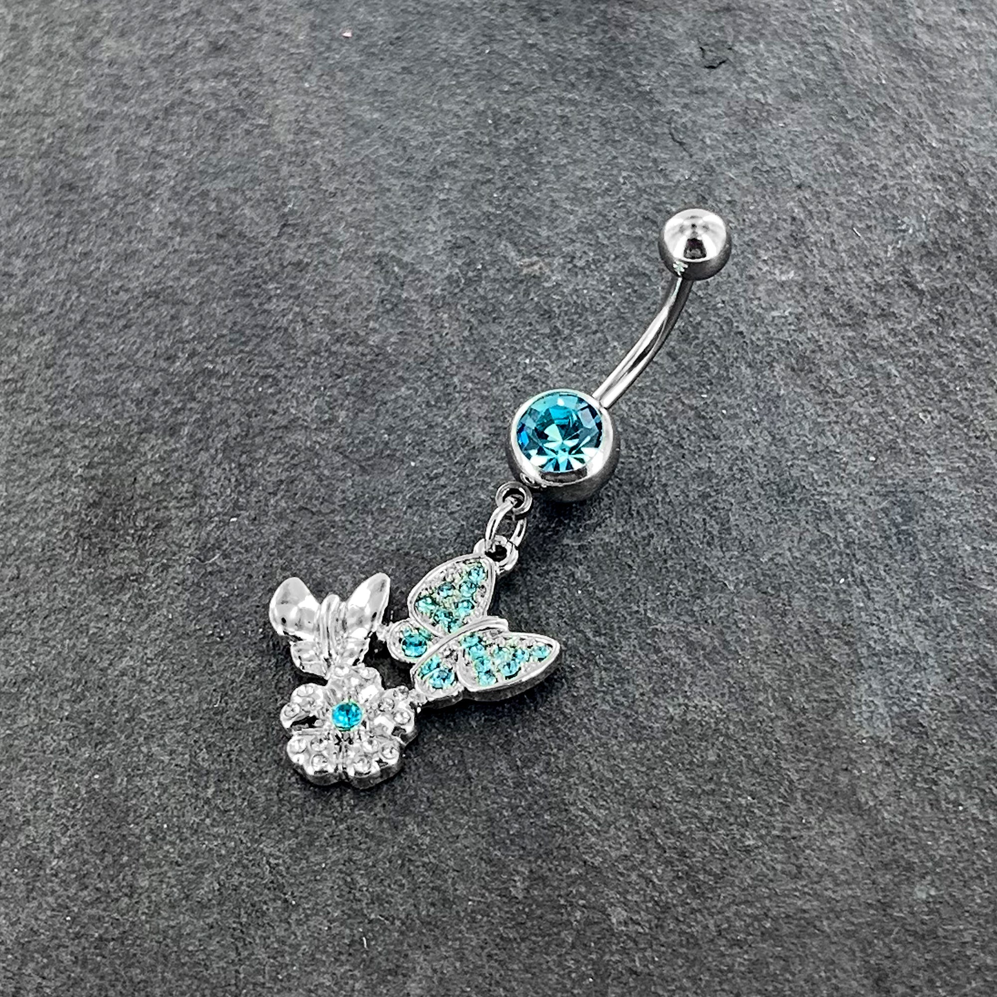 BodyCandy Blue Gem Butterflies Tiny Flower Dangle Belly Ring — alternative angle
