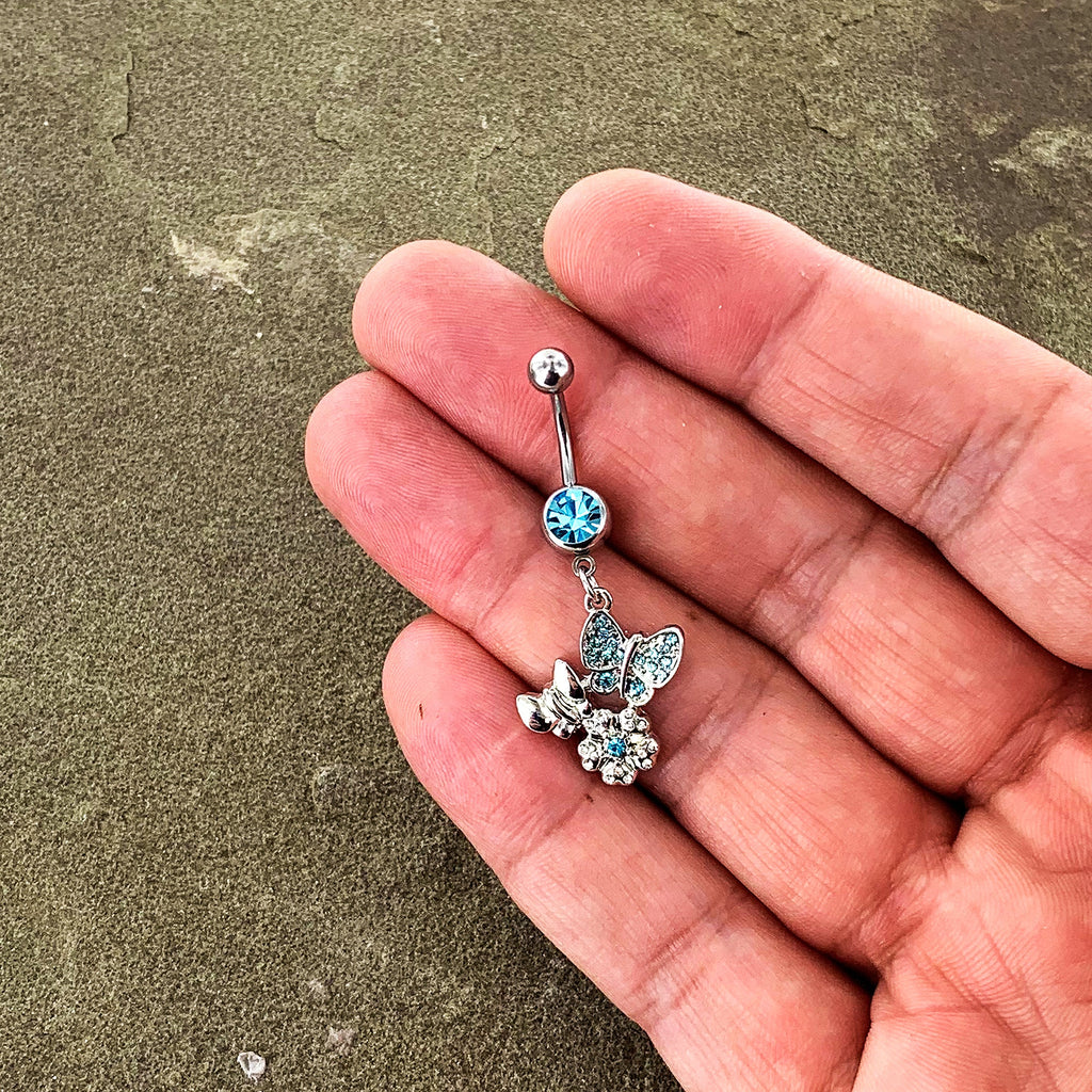 BodyCandy Blue Gem Butterflies Tiny Flower Dangle Belly Ring — size reference