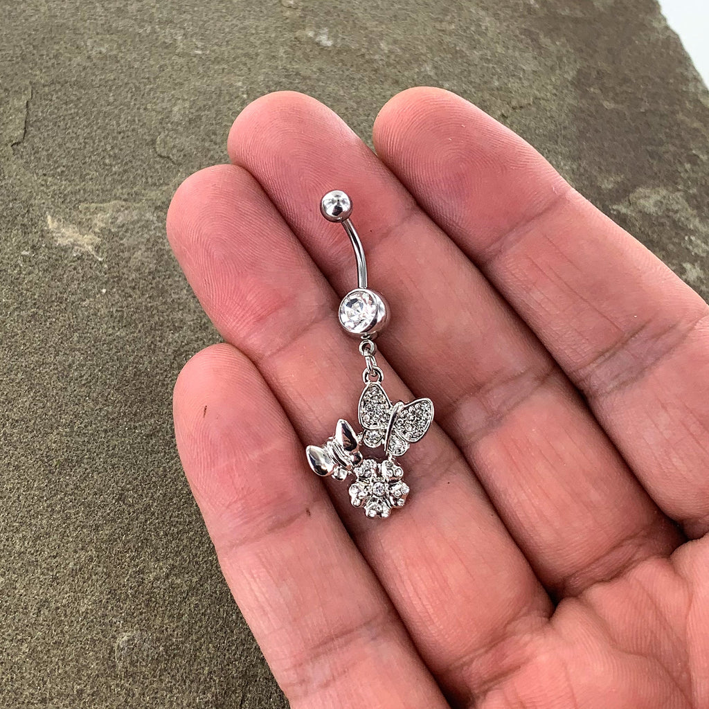 BodyCandy Clear Gem Butterflies Tiny Flower Dangle Belly Ring — side view