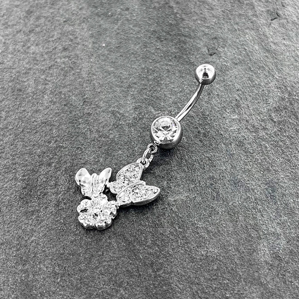 BodyCandy Clear Gem Butterflies Tiny Flower Dangle Belly Ring — back view