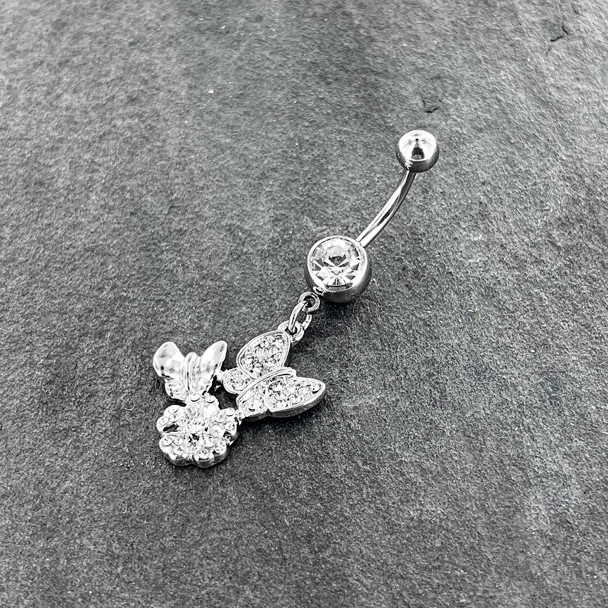 BodyCandy Clear Gem Butterflies Tiny Flower Dangle Belly Ring — back view