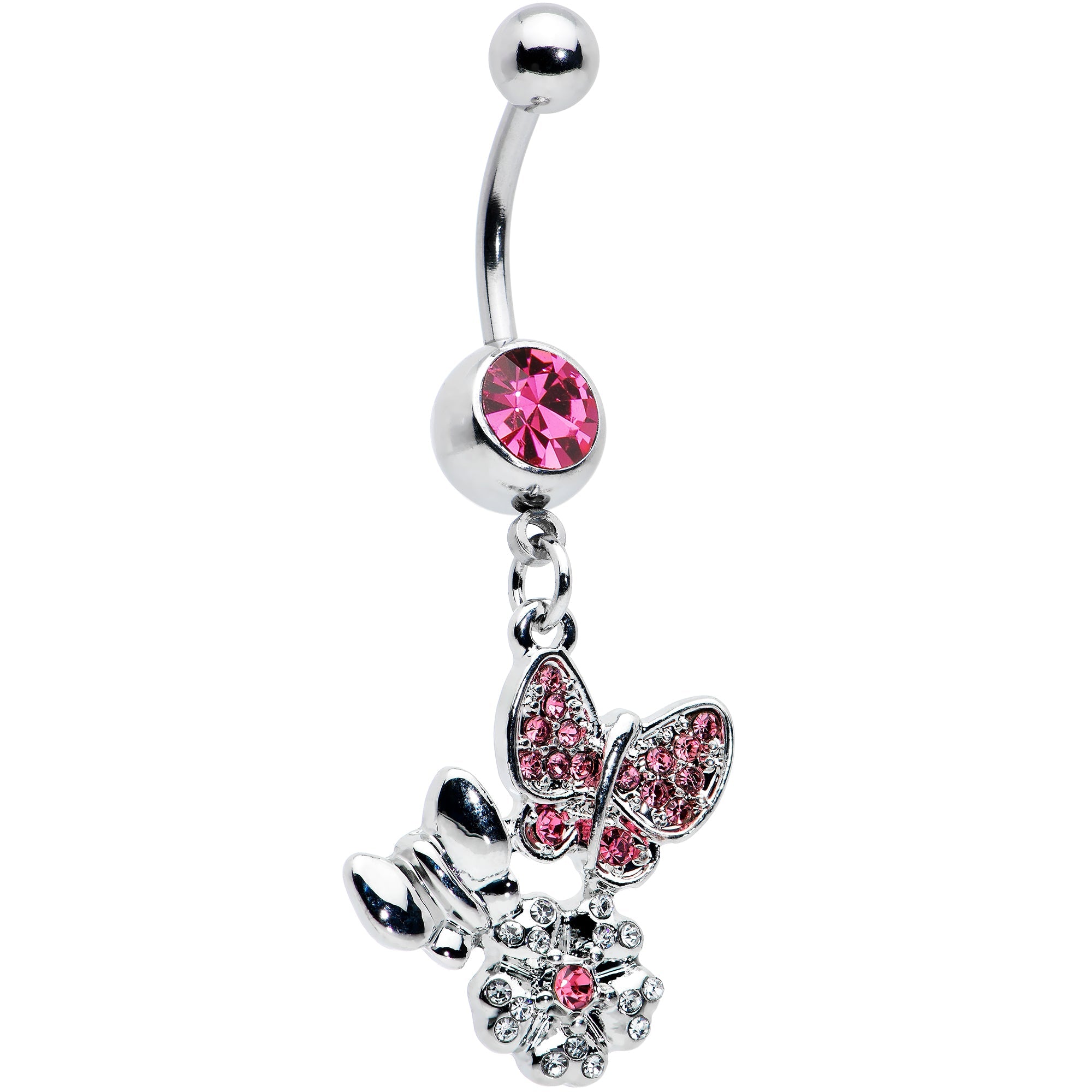 BodyCandy Pink Gem Butterflies Tiny Flower Dangle Belly Ring — main product shot